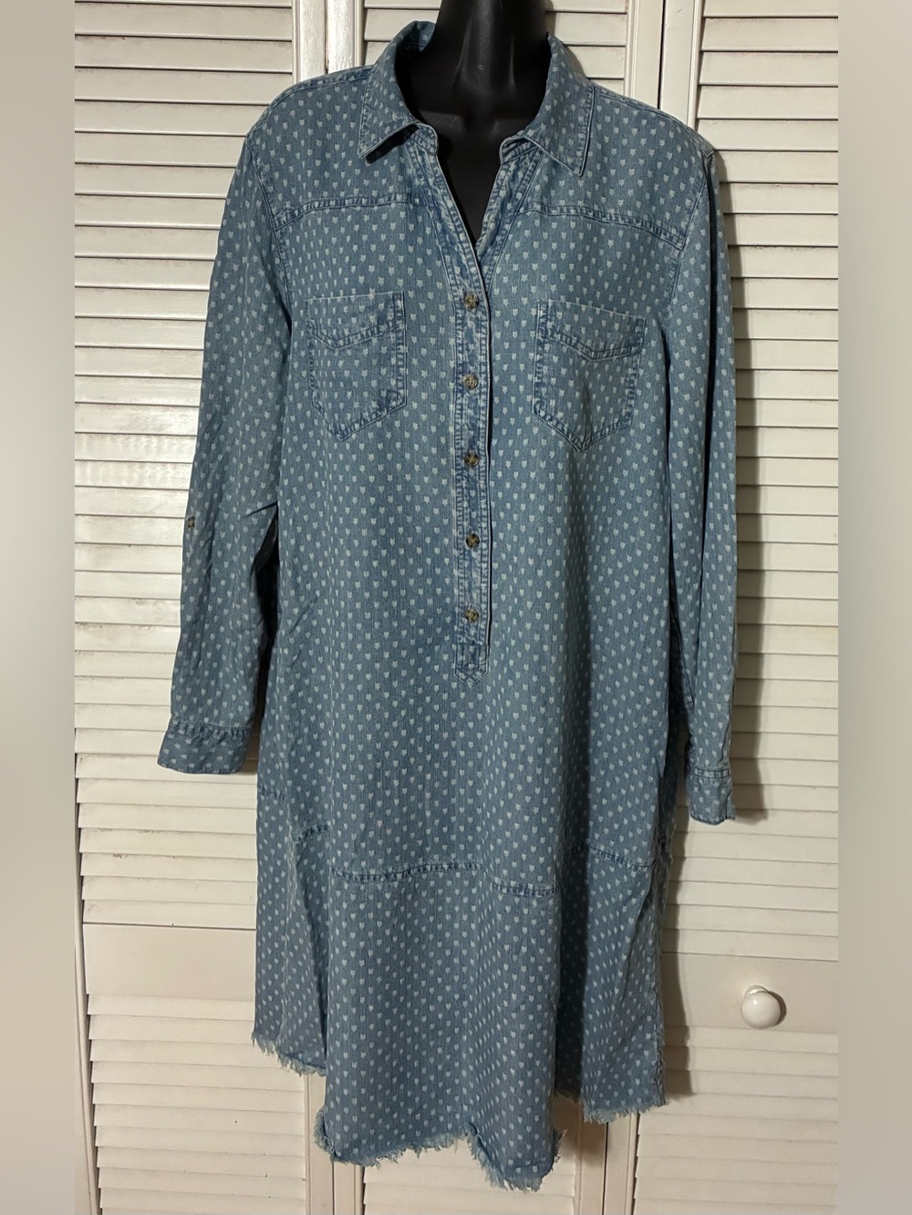 John Mark Light Blue Denim-Print Long Sleeve Shirt Dress